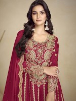 Deep Pink Real Chinon Party Wear Sharara Suit